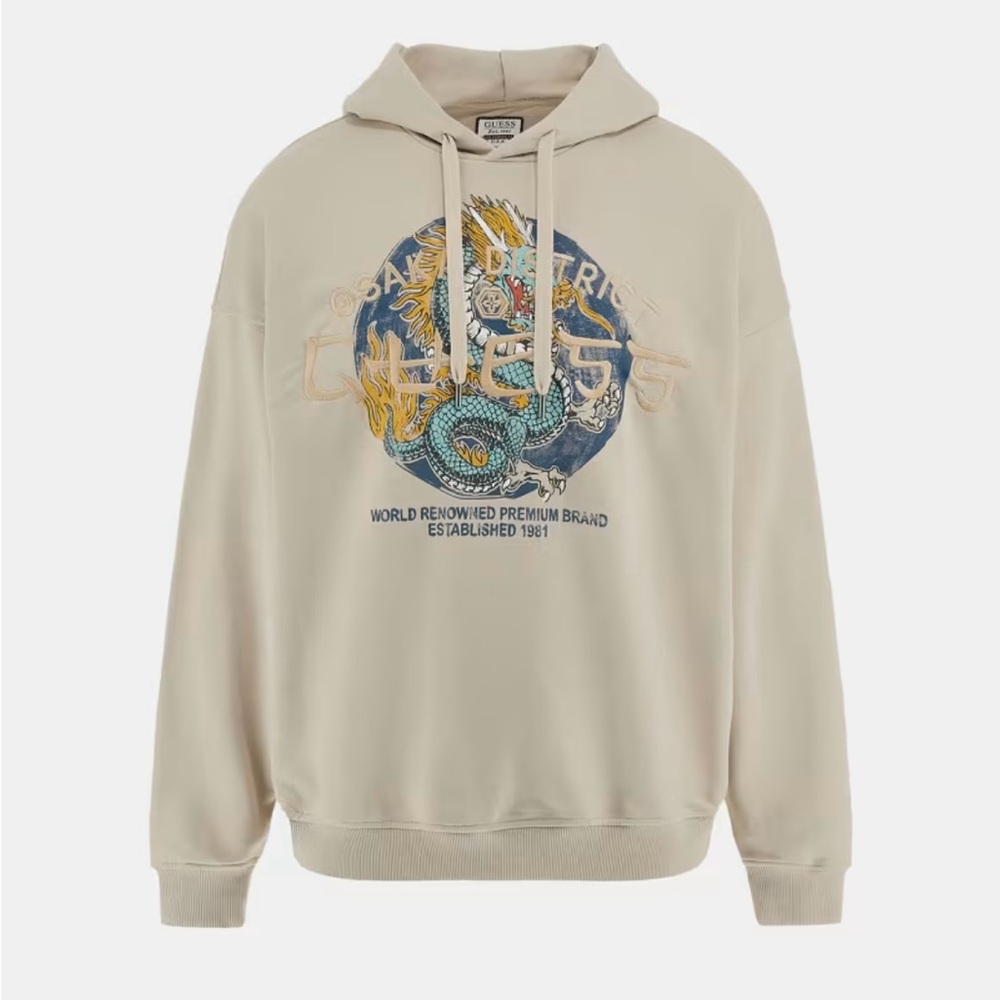 Guess Cream Graphic Embroidered Hoodie Sz Small NWOT
